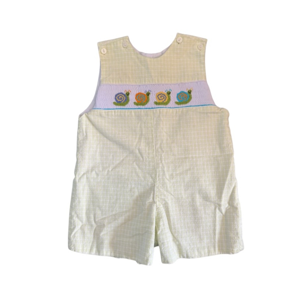 Stunning Hand Smock Plate Kids Snail Smocked Romper - Cream and Green - Picture 2 of 4